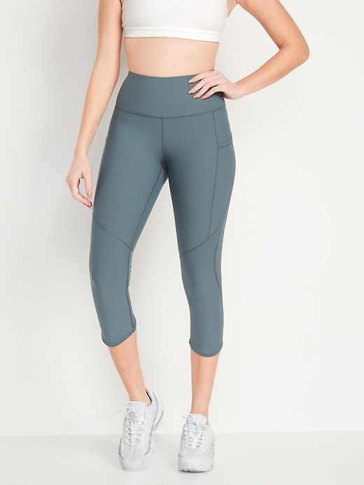 Image number 1 showing, High-Waisted PowerSoft Mesh-Panel Crop Leggings