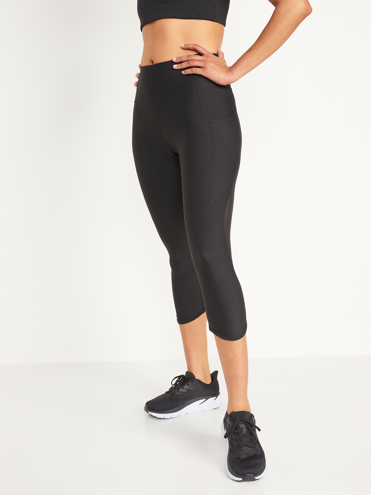 Old Navy High-Waisted PowerSoft Mesh-Panel Crop Leggings for Women black. 1