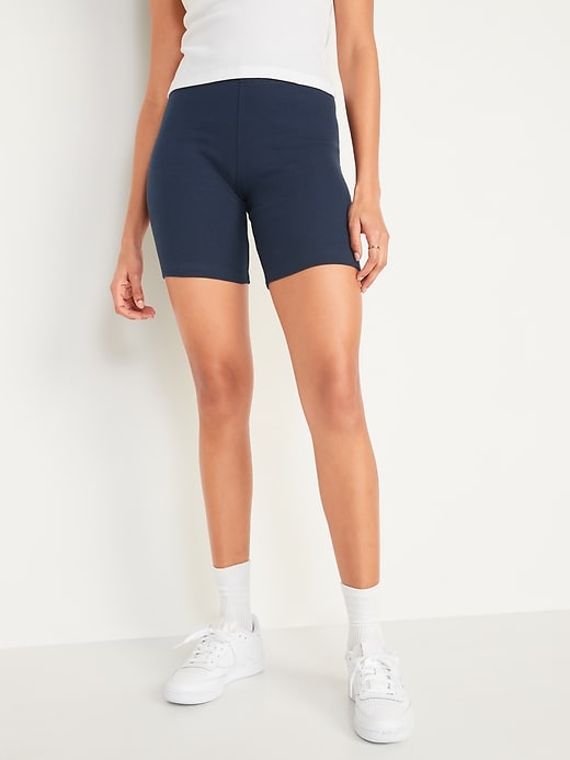 Image number 1 showing, High-Waisted Rib-Knit Long Biker Shorts for Women -- 8-inch inseam