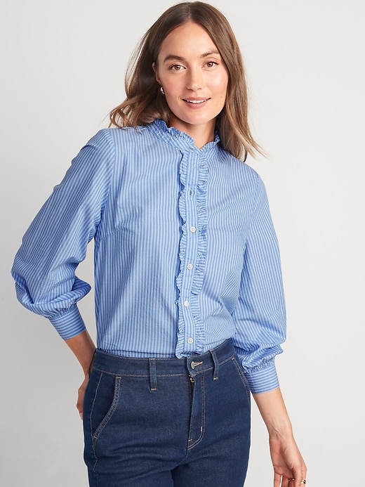 Ruffle-Trimmed Striped Collarless Tuxedo Shirt for Women | Old Navy