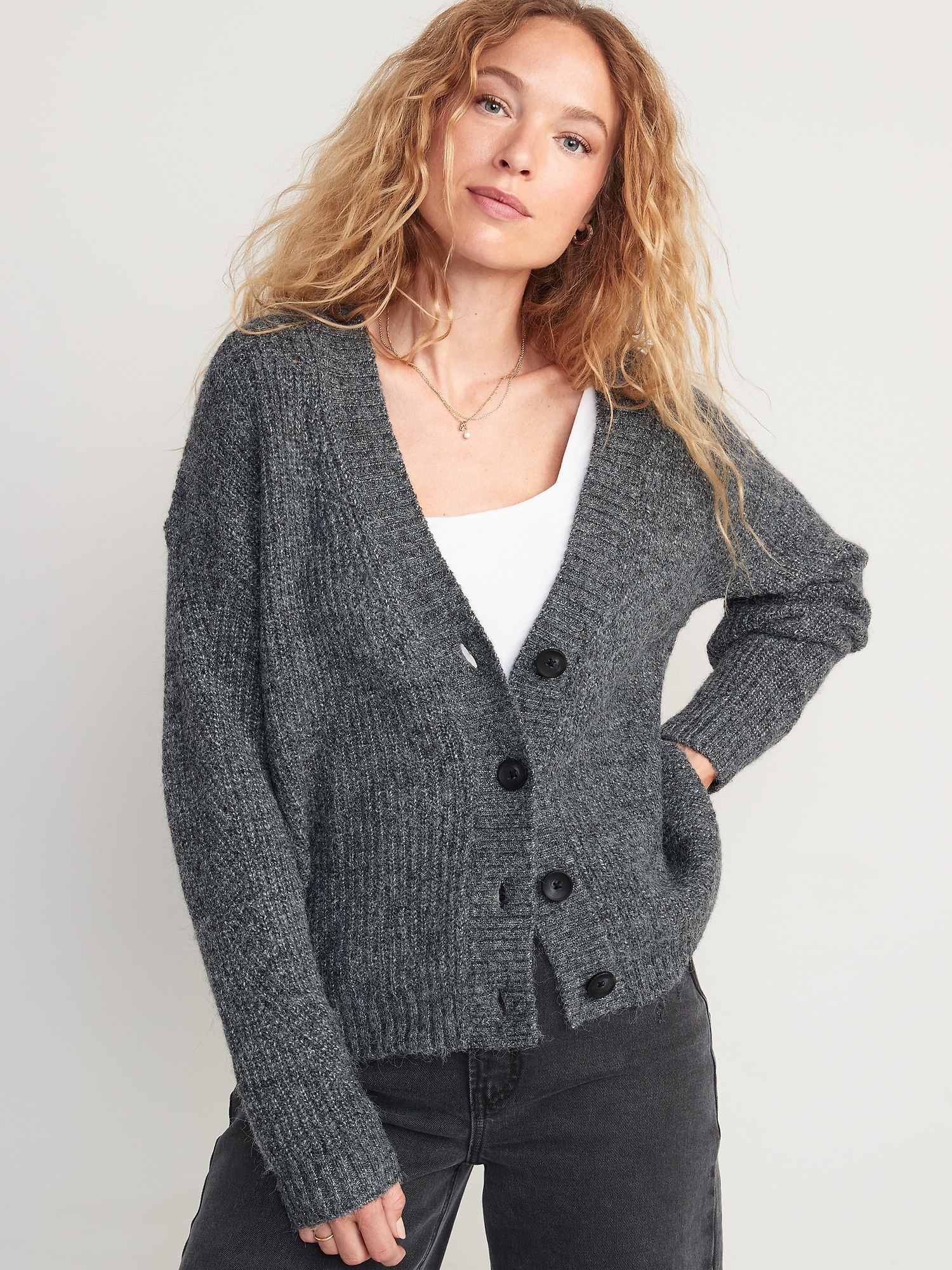 M&#xE9;lange Cozy Shaker-Stitch Cardigan Sweater for Women