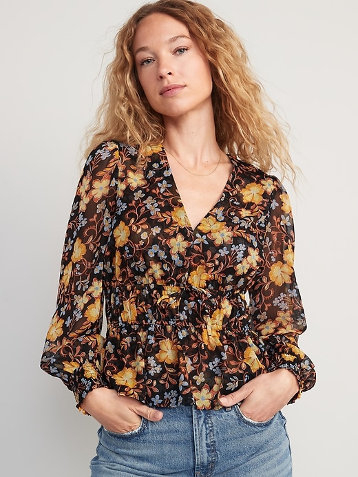 Image number 1 showing, Puff-Sleeve Floral-Print Smocked Tie-Front Blouse for Women