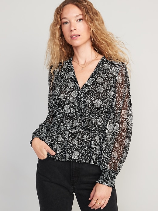 Image number 1 showing, Puff-Sleeve Floral-Print Smocked Tie-Front Blouse