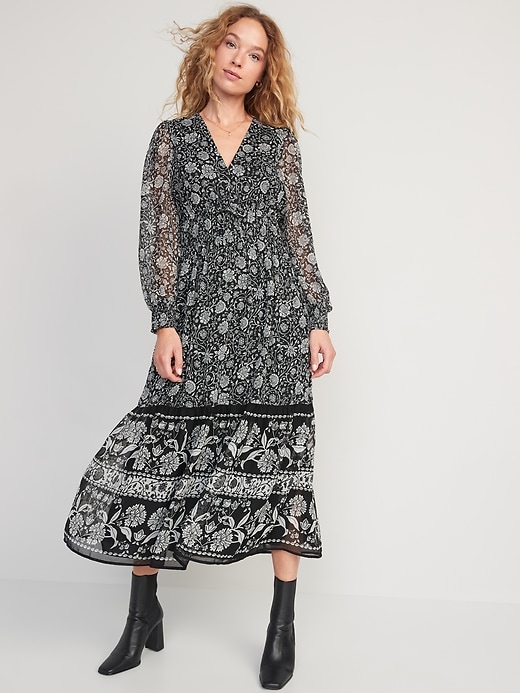 Waist-Defined Floral-Print Smocked Tie-Front Maxi Dress