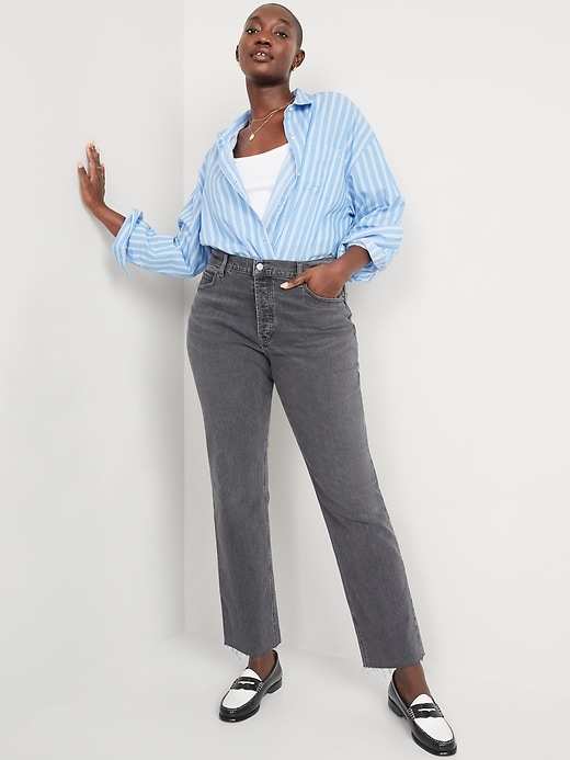 Image number 3 showing, High-Waisted Button-Fly Slouchy Straight Cut-Off Gray Jeans for Women