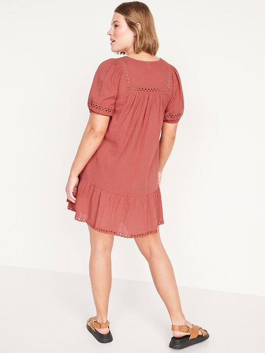 Image number 6 showing, Puff-Sleeve Tie-Neck Eyelet Mini Swing Dress for Women
