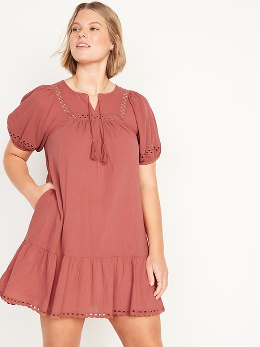 Image number 5 showing, Puff-Sleeve Tie-Neck Eyelet Mini Swing Dress for Women