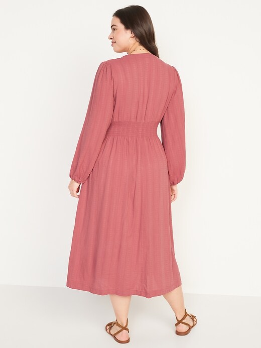 Image number 6 showing, Waist-Defined Long-Sleeve Deep V-Neck Dobby Smocked Midi Dress for Women
