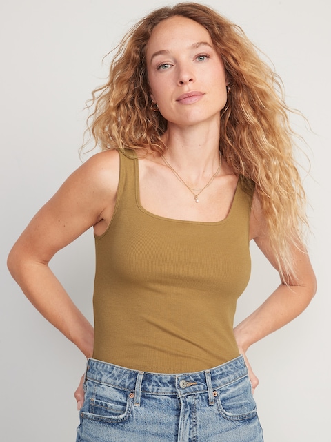 Fitted Square-Neck Ultra-Cropped Rib-Knit Tank Top