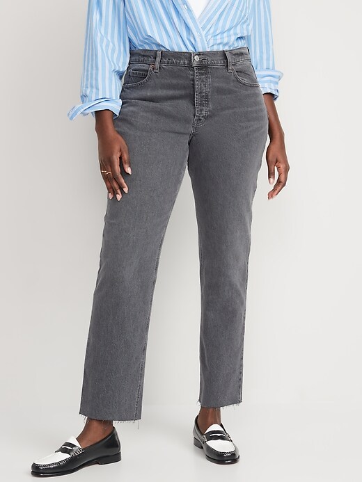 Image number 5 showing, High-Waisted Button-Fly Slouchy Straight Cut-Off Gray Jeans for Women