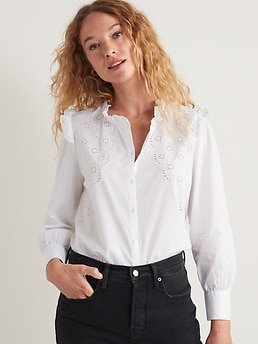 Collarless Ruffle-Trimmed Embroidered Button-Down Shirt for Women