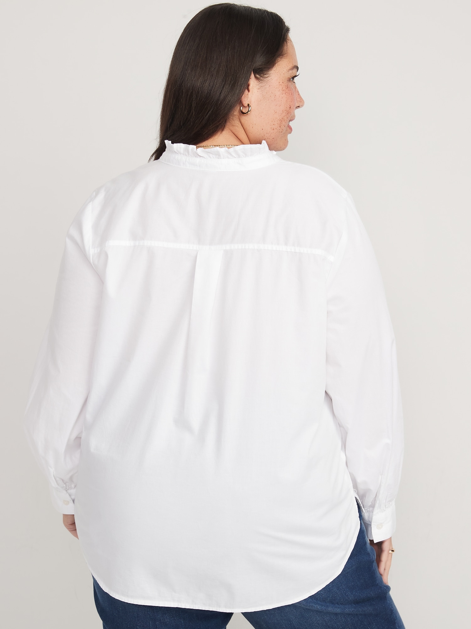 Ruffle-Trimmed Pintucked Collarless Tuxedo Shirt for Women | Old Navy