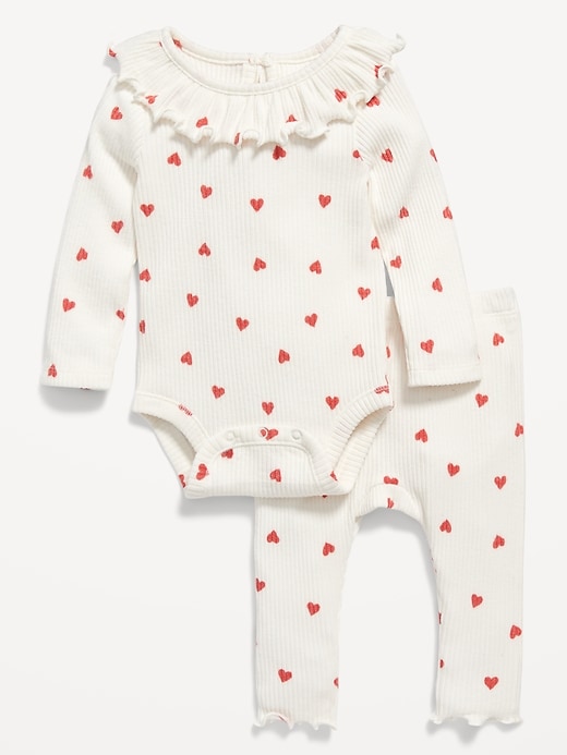 View large product image 1 of 1. Unisex Long-Sleeve Ruffle-Trim Rib-Knit Bodysuit & Pants Set for Baby