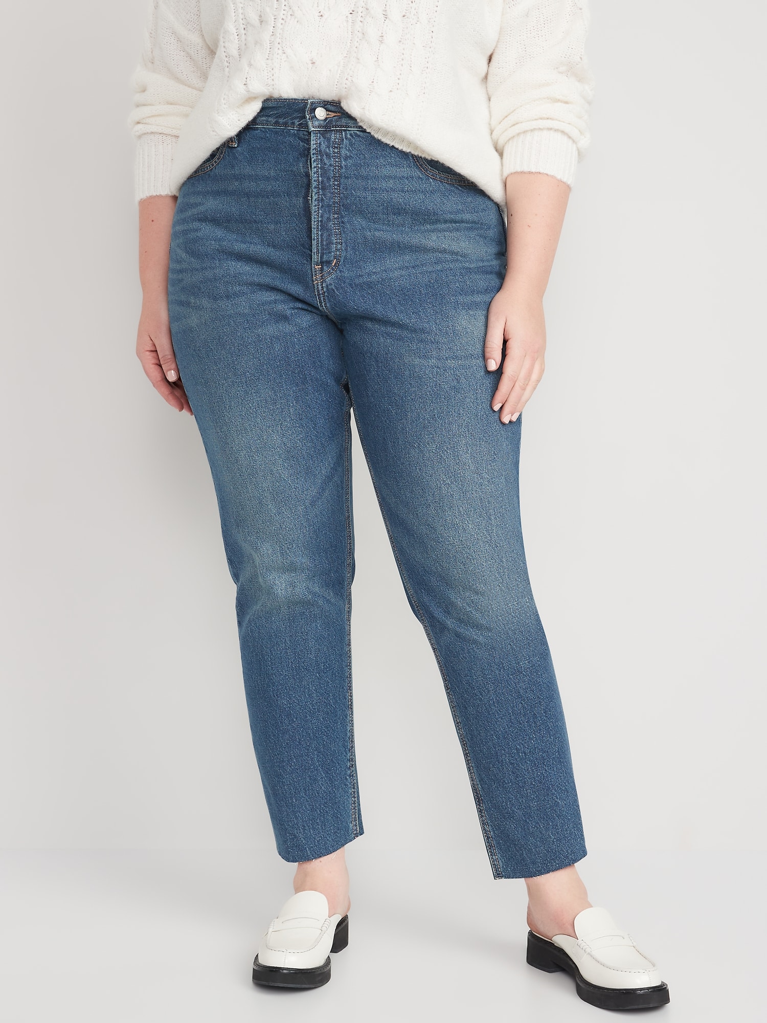 Extra High-Waisted Button-Fly Sky-Hi Straight Cut-off Non-Stretch Jeans ...