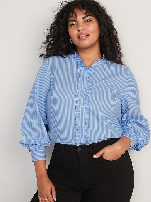 Ruffle-Trimmed Striped Collarless Tuxedo Shirt | Old Navy