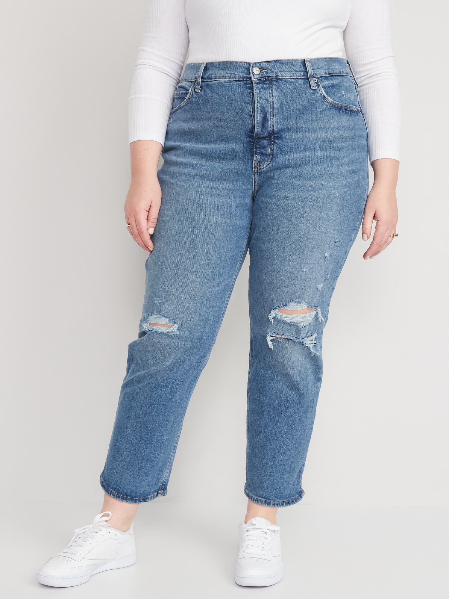 Extra High-Waisted Button-Fly Sky-Hi Straight Ripped Jeans for Women ...