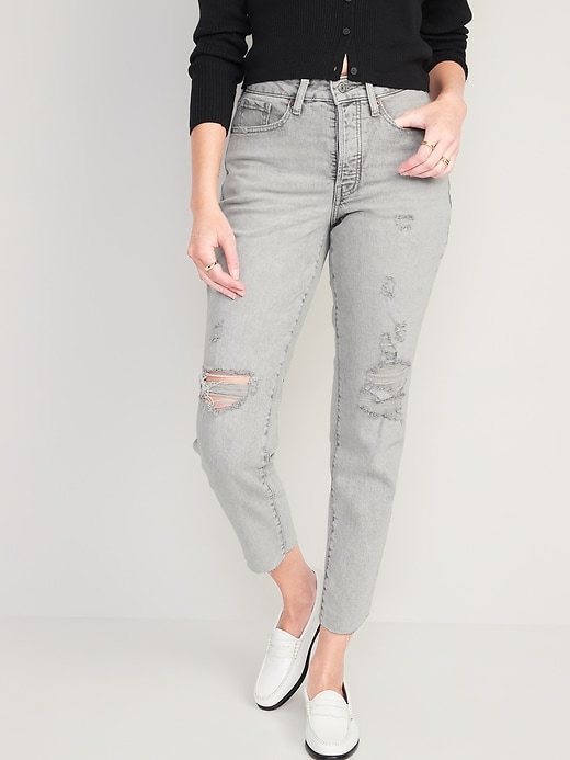 Image number 1 showing, Curvy High-Waisted Button-Fly OG Straight Ripped Gray Jeans for Women