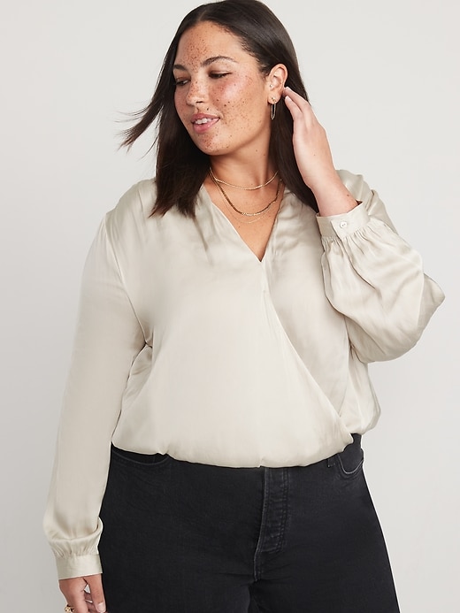 Image number 7 showing, Cross-Front Satin Long-Sleeve Blouse for Women