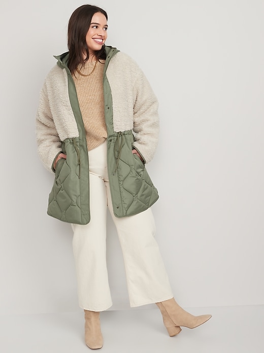 Hooded Sherpa Quilted Hybrid Coat for Women Old Navy
