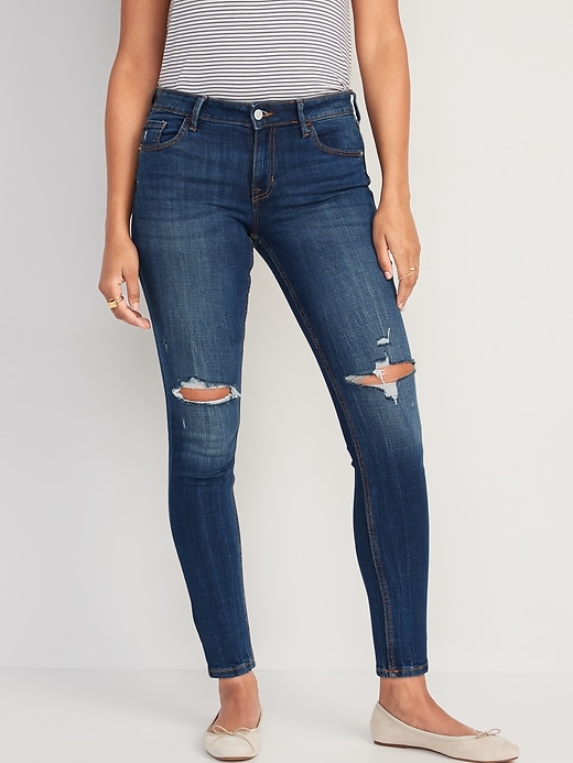 Image number 1 showing, Mid-Rise Rockstar Super-Skinny Distressed Jeans for Women