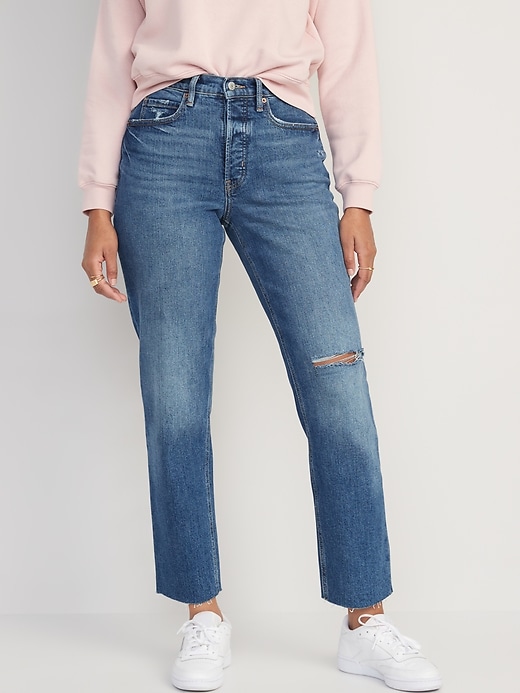 Image number 1 showing, Curvy Extra High-Waisted Button-Fly Sky-Hi Straight Ripped Jeans for Women