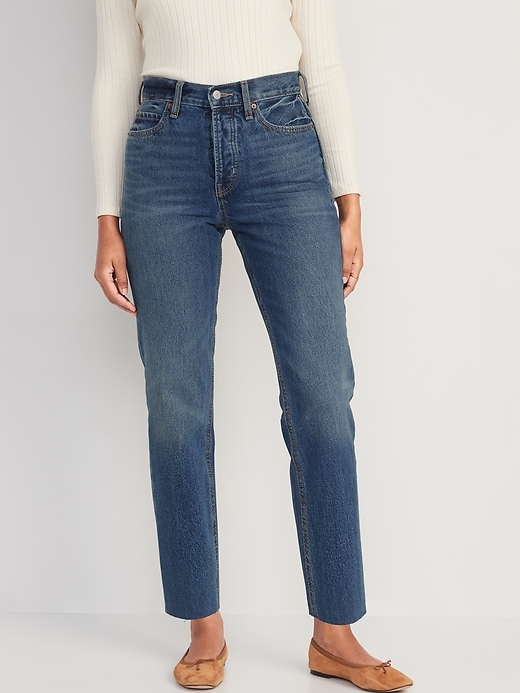 Extra High-Waisted Button-Fly Sky-Hi Straight Cut-off Non-Stretch Jeans ...