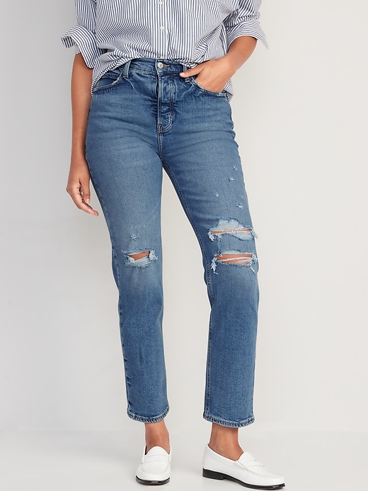 Image number 1 showing, Extra High-Waisted Button-Fly Sky-Hi Straight Ripped Jeans for Women