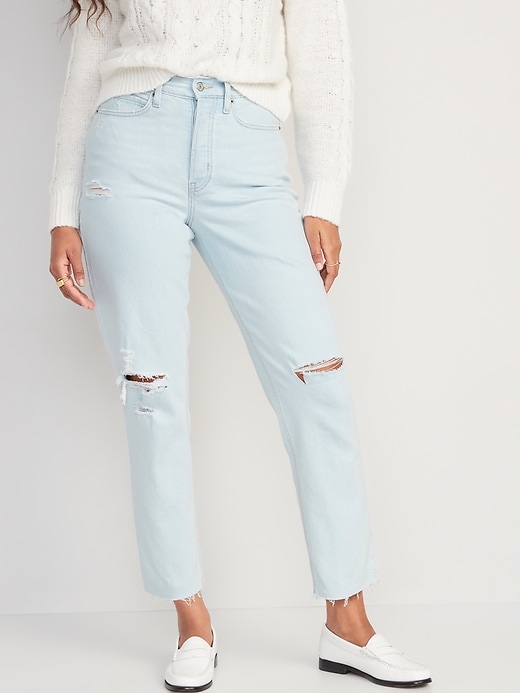 Image number 1 showing, Curvy Extra High-Waisted Button-Fly Straight Ripped Cut-Off Jeans