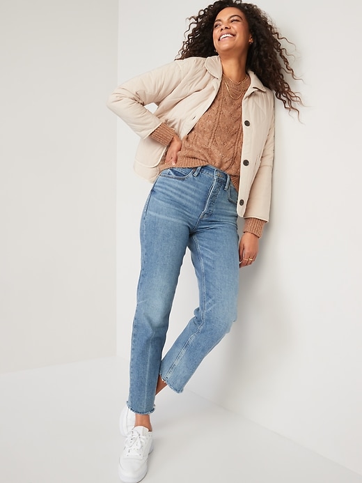 Image number 3 showing, Extra High-Waisted Button-Fly Straight Cut-Off Jeans
