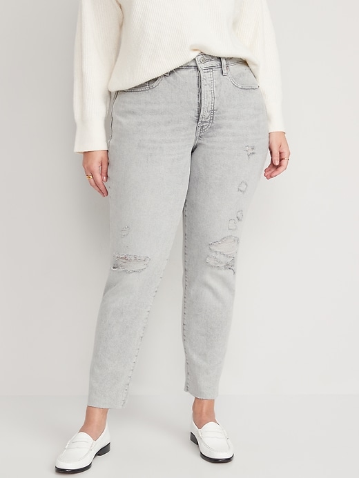 Image number 5 showing, Curvy High-Waisted Button-Fly OG Straight Ripped Gray Jeans for Women