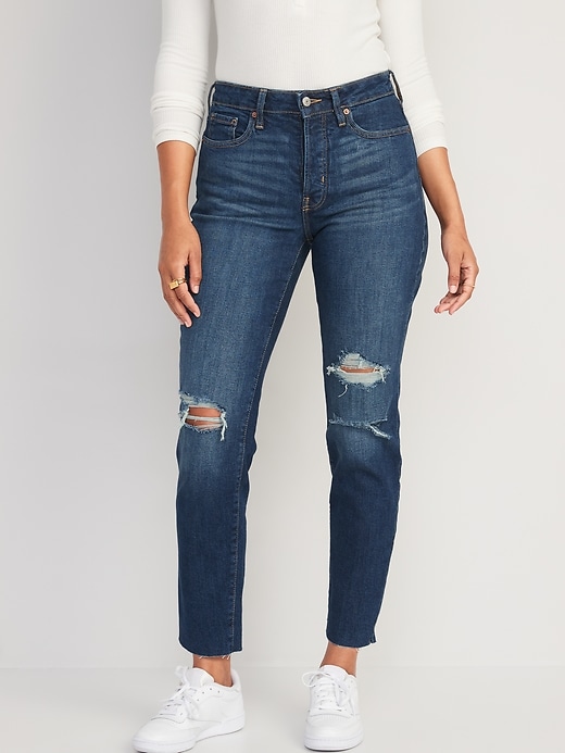 Image number 1 showing, High-Waisted Button-Fly O.G. Straight Ripped Cut-Off Jeans