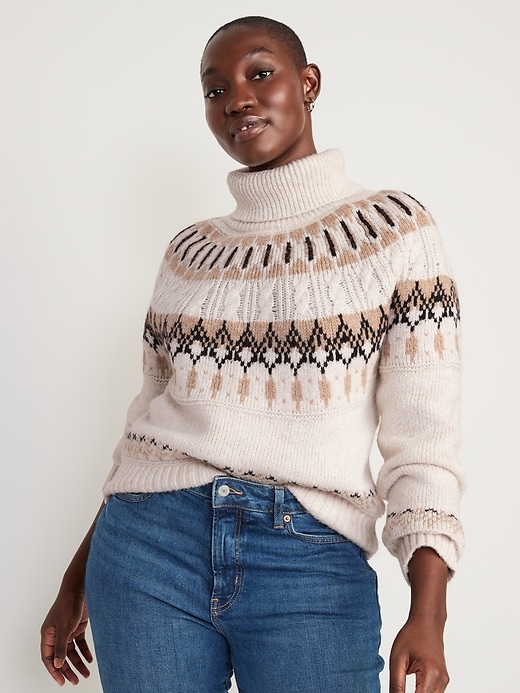 Image number 5 showing, Cozy Fair Isle Cable-Knit Turtleneck Sweater for Women