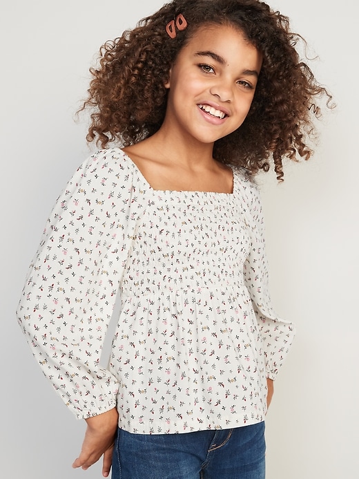 Old Navy - Long-Sleeve Smocked Floral-Print Cutout Bow Top for Girls