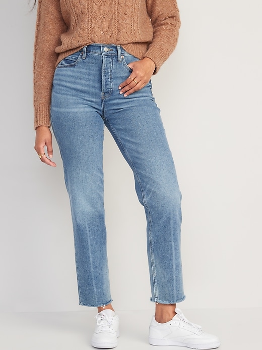Image number 1 showing, Extra High-Waisted Button-Fly Straight Cut-Off Jeans