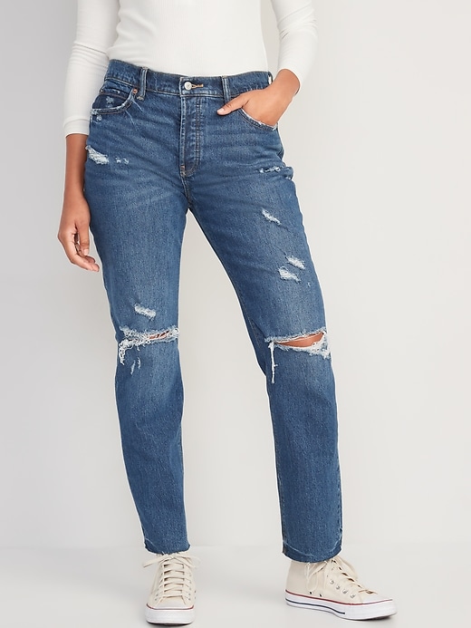 Image number 1 showing, High-Waisted Button-Fly Slouchy Straight Ripped Cut-Off Jeans