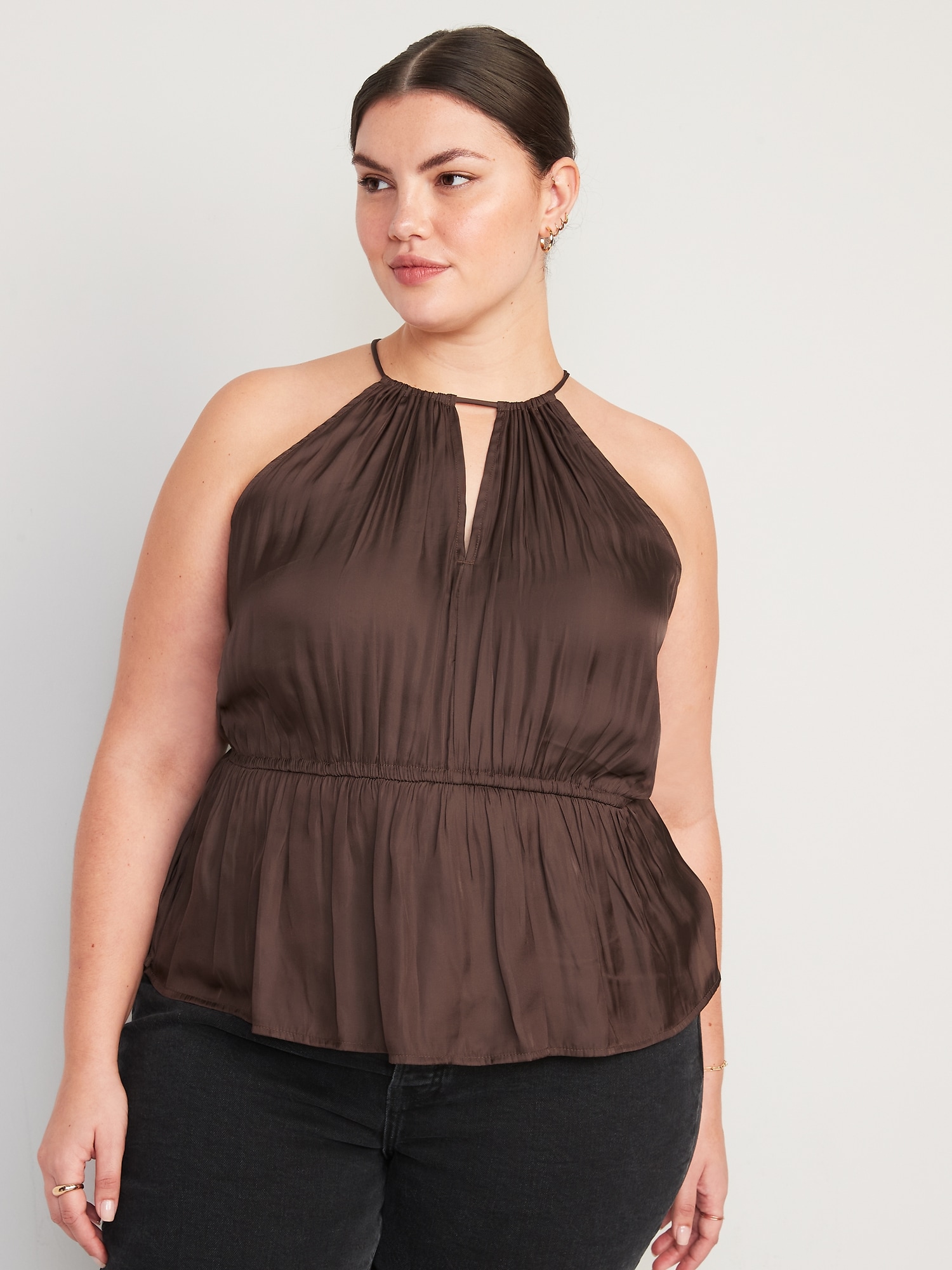 Brown Satin Plus Size Peplum Top