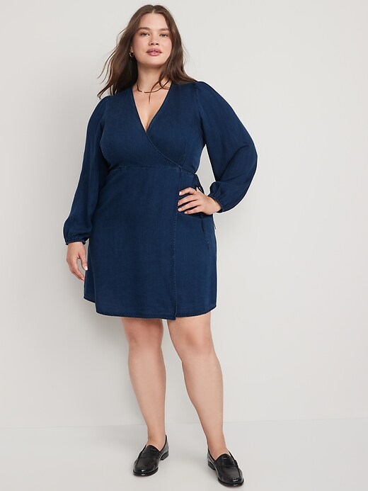 Puff-Sleeve Jean Mini Wrap Dress