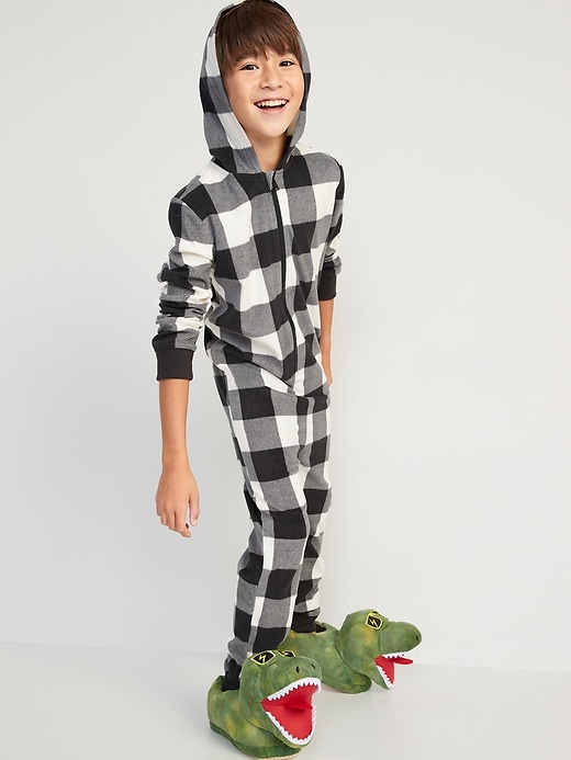 View large product image 1 of 3. Gender-Neutral Matching Microfleece Hooded One-Piece Pajamas for Kids