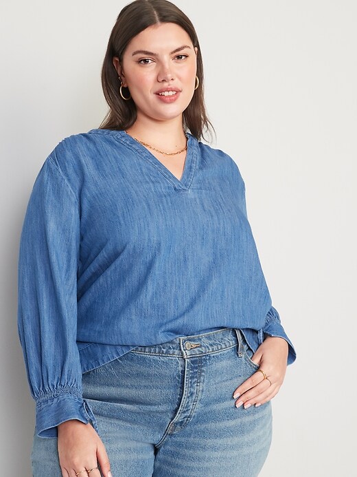 Image number 7 showing, Split-Neck Puff-Sleeve Jean Blouse for Women