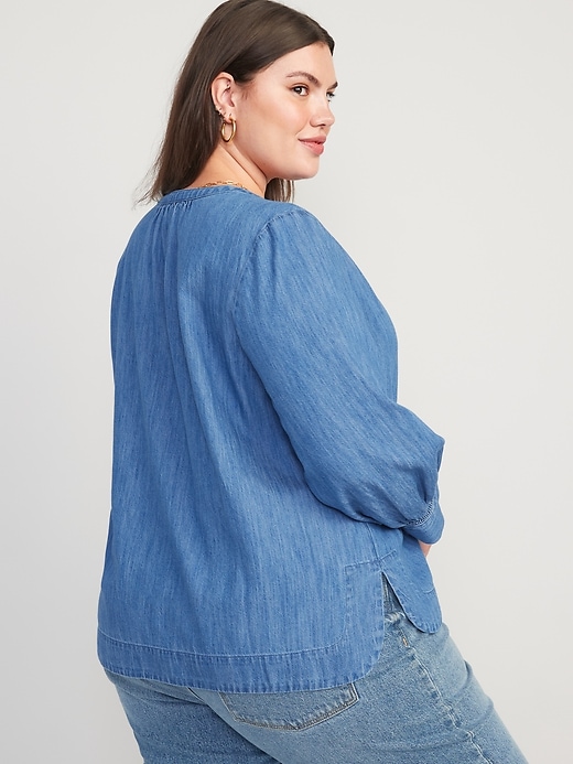 Image number 8 showing, Split-Neck Puff-Sleeve Jean Blouse for Women