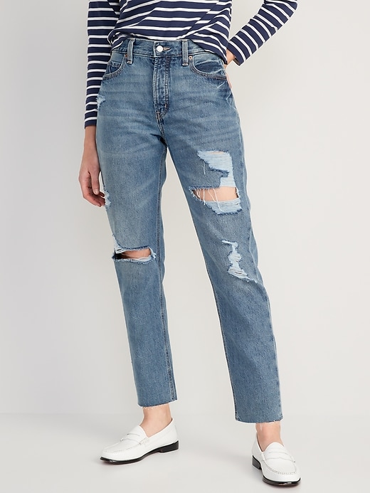 Image number 1 showing, High-Waisted Slouchy Straight Cropped Ripped Jeans for Women
