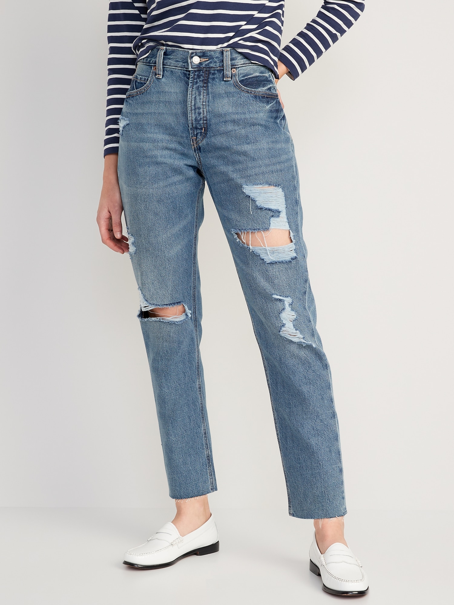 High-Waisted Slouchy Straight Cropped Ripped Jeans for Women