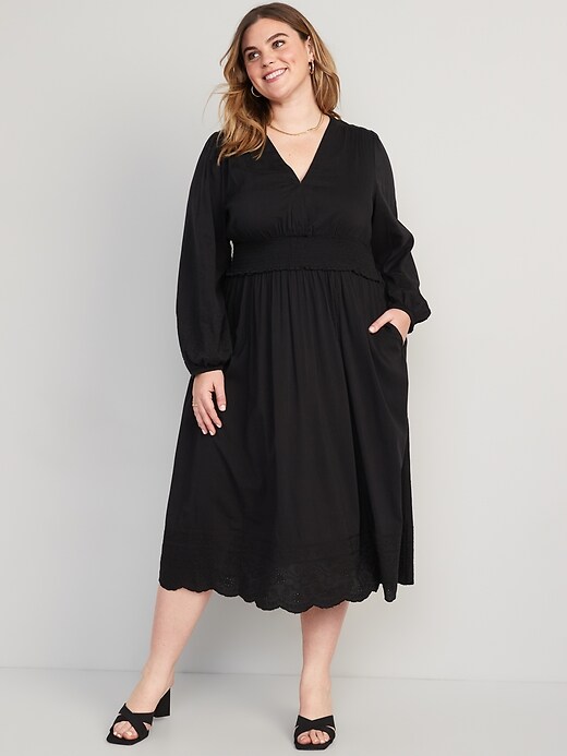 Image number 7 showing, Waist-Defined Puff-Sleeve Smocked Embroidered Midi Dress for Women