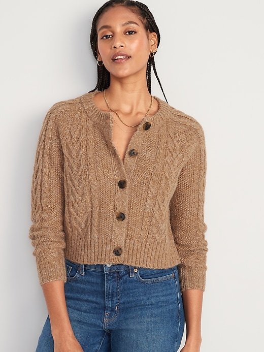 Image number 1 showing, Heathered Cable-Knit Cardigan Sweater