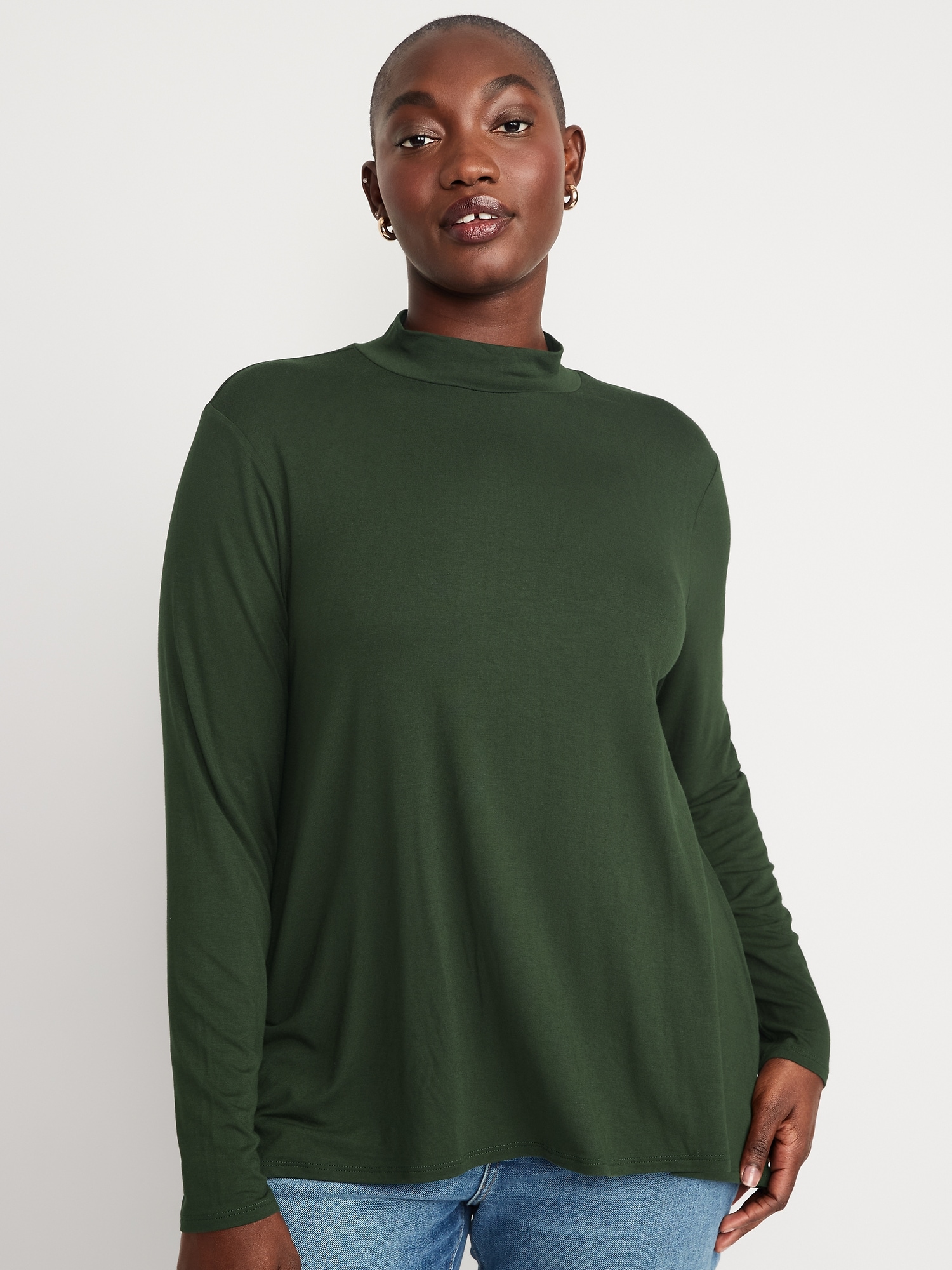 Long-Sleeve Luxe Mock-Neck Swing T-Shirt for Women