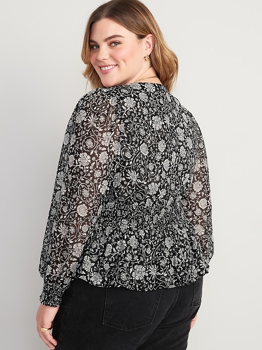 Image number 8 showing, Puff-Sleeve Floral-Print Smocked Tie-Front Blouse