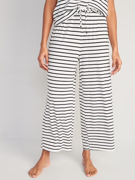 Image number 1 showing, High-Waisted Sunday Sleep Cropped Striped Rib-Knit Wide-Leg Lounge Pants for Women