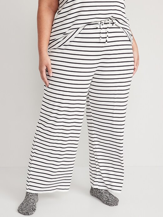 Image number 4 showing, High-Waisted Sunday Sleep Cropped Striped Rib-Knit Wide-Leg Lounge Pants for Women