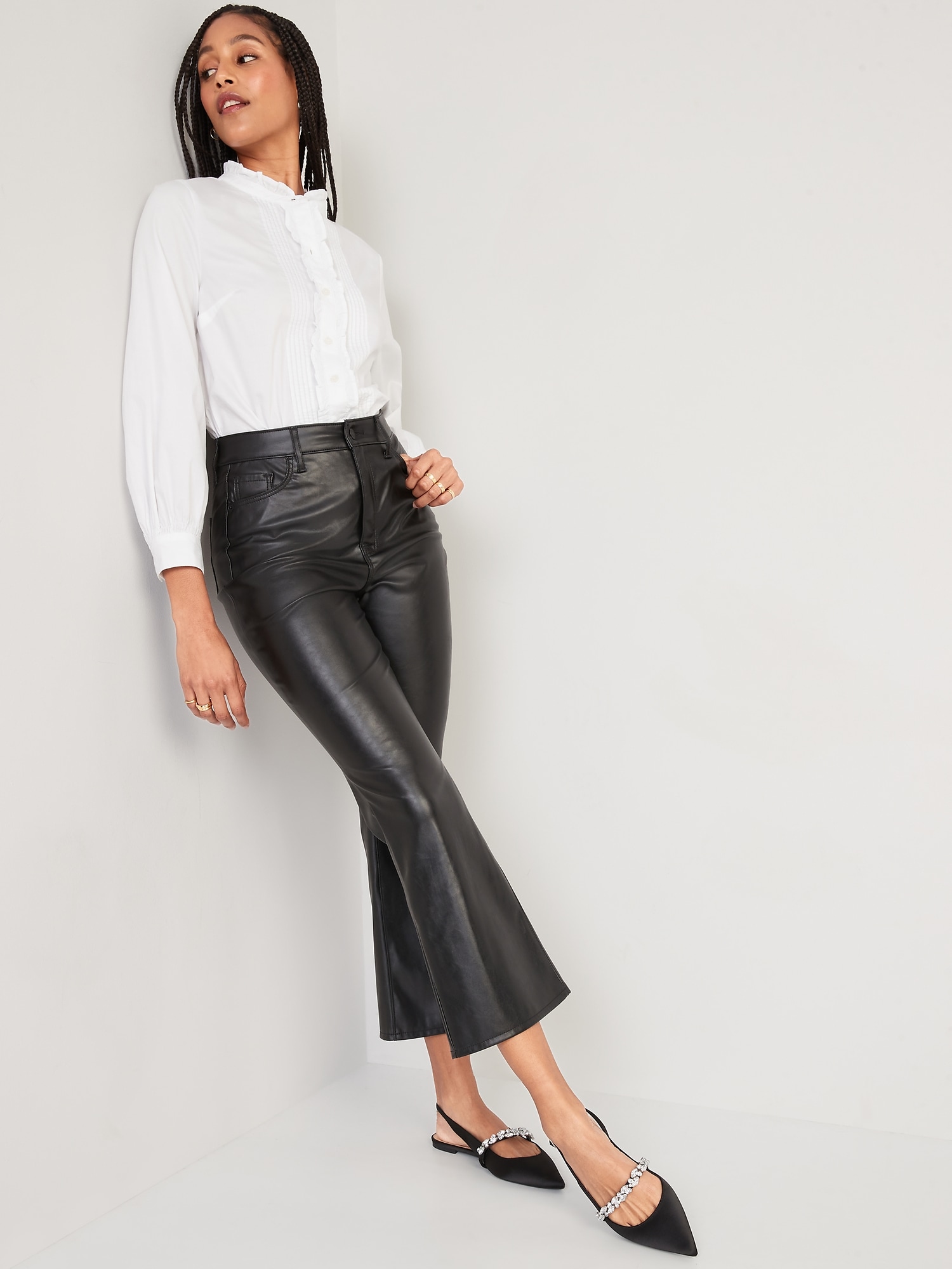 Black High Waisted Faux Leather Flare Pants