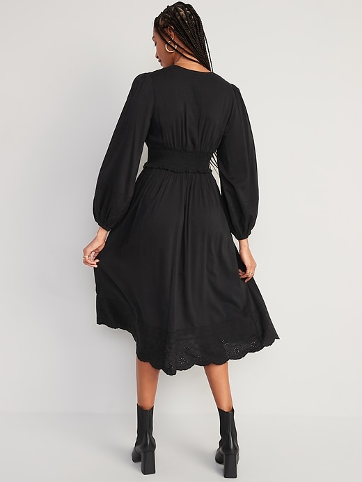 Image number 2 showing, Waist-Defined Puff-Sleeve Smocked Embroidered Midi Dress for Women